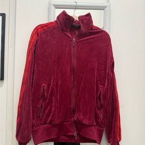 Adidas Ivy Park Red Velour Track Jacket with Stripes
